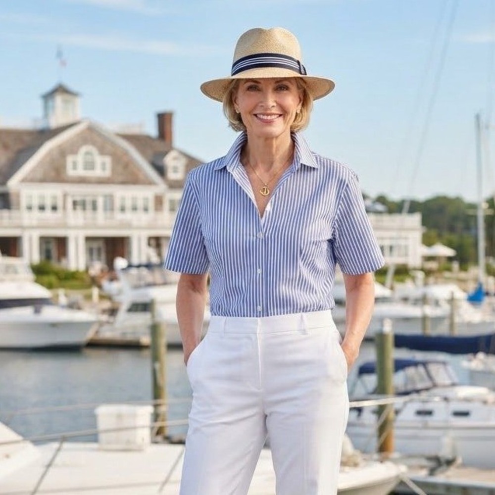 Talbots Shirt Womens 12 Blue White Stripe Wrinkle Resistant Coastal Nautical